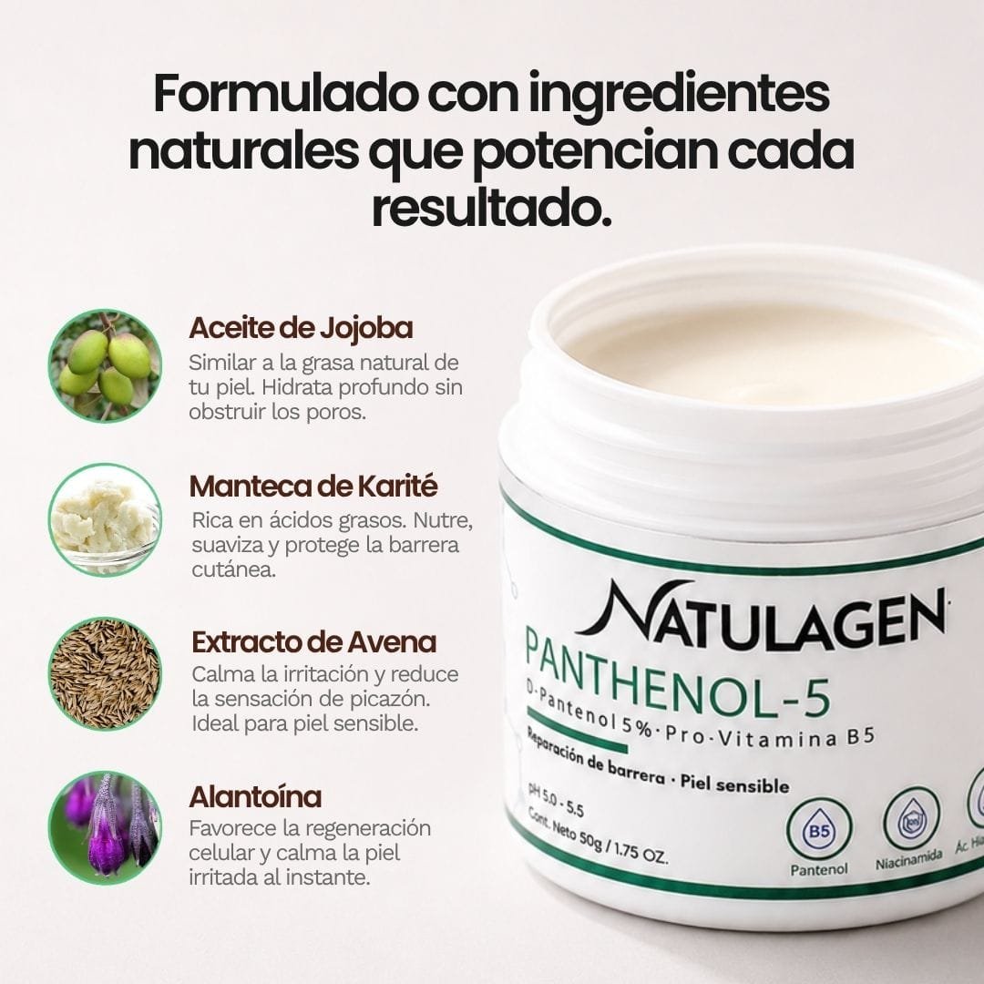 Ingredientes naturales de Panthenol-5: aceite de jojoba, manteca de karité, extracto de avena y alantoína